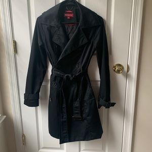Black Trench Coat, with belt and tortoise shell hardware, Size XS